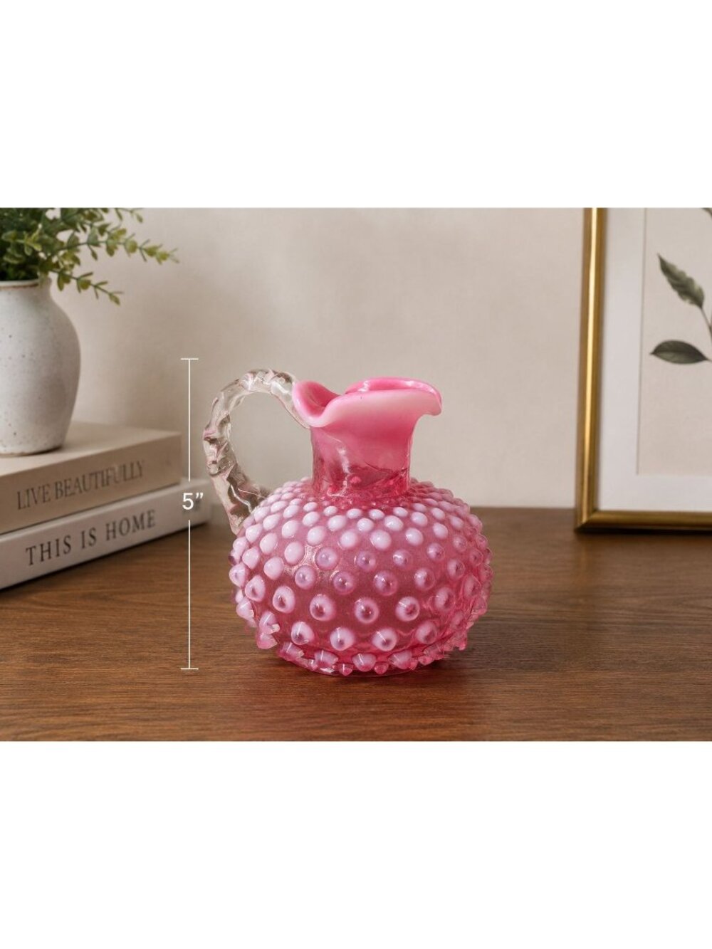 Fenton Pink Cranberry Opalescent Hobnail 5" Pitcher